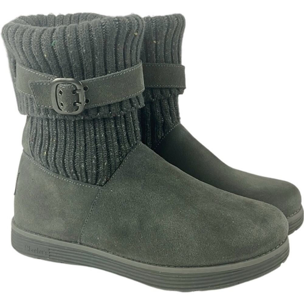 Skechers Black Suede Knit Cuff Ankle Booties with Buckle